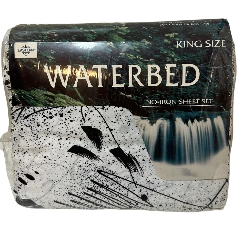 Vintage King Waterbed Sheet Set Splatter Pattern Black White Made in USA